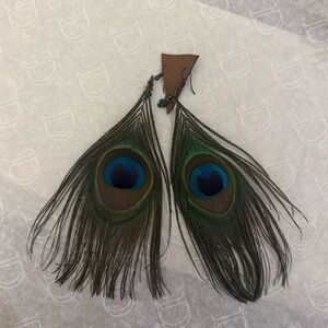 New Peacock, feather long earrings, statement piece
